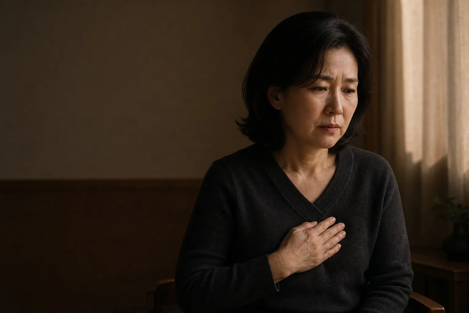 가슴이 답답해 손을 얹고 있는 중년 여성